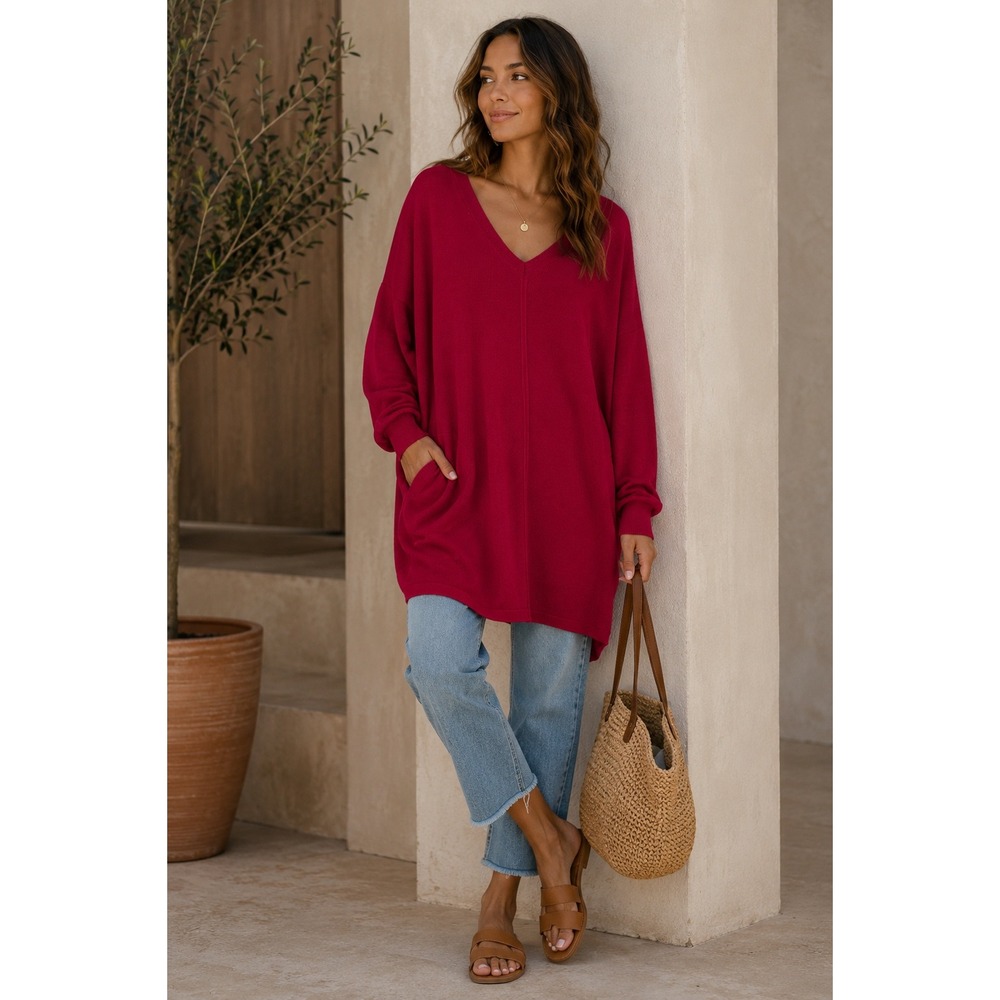 Anthropologie Saturday Sunday Pink Oversized V-Neck Tunic Sweater Pockets Large